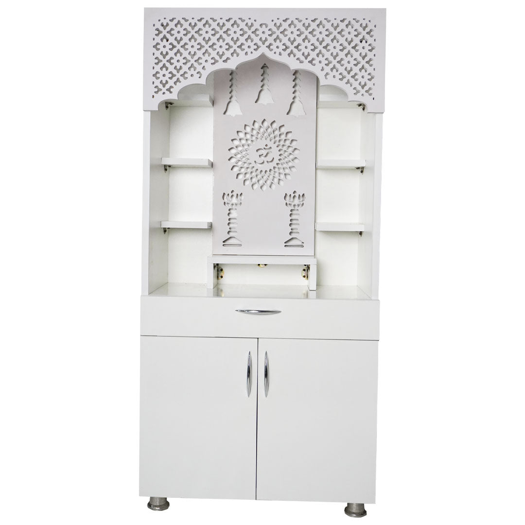 Modern White Wooden Mandir with LED Light & Bell Design – 130x60x34 cm | Home Temple with Storage Cabinet
