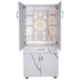 Wooden Mandir for Home with LED Light & Storage | Modern Pooja Cabinet with Ganesh Design & Marble Finish
