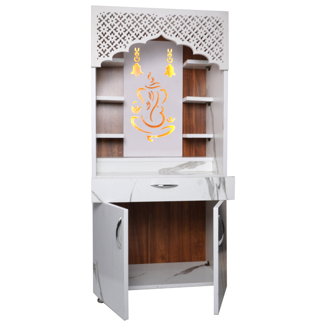 Modern White Marble Finish Mandir with LED Ganesh Design – 130x60x34 cm | Wooden Temple for Home with Storage