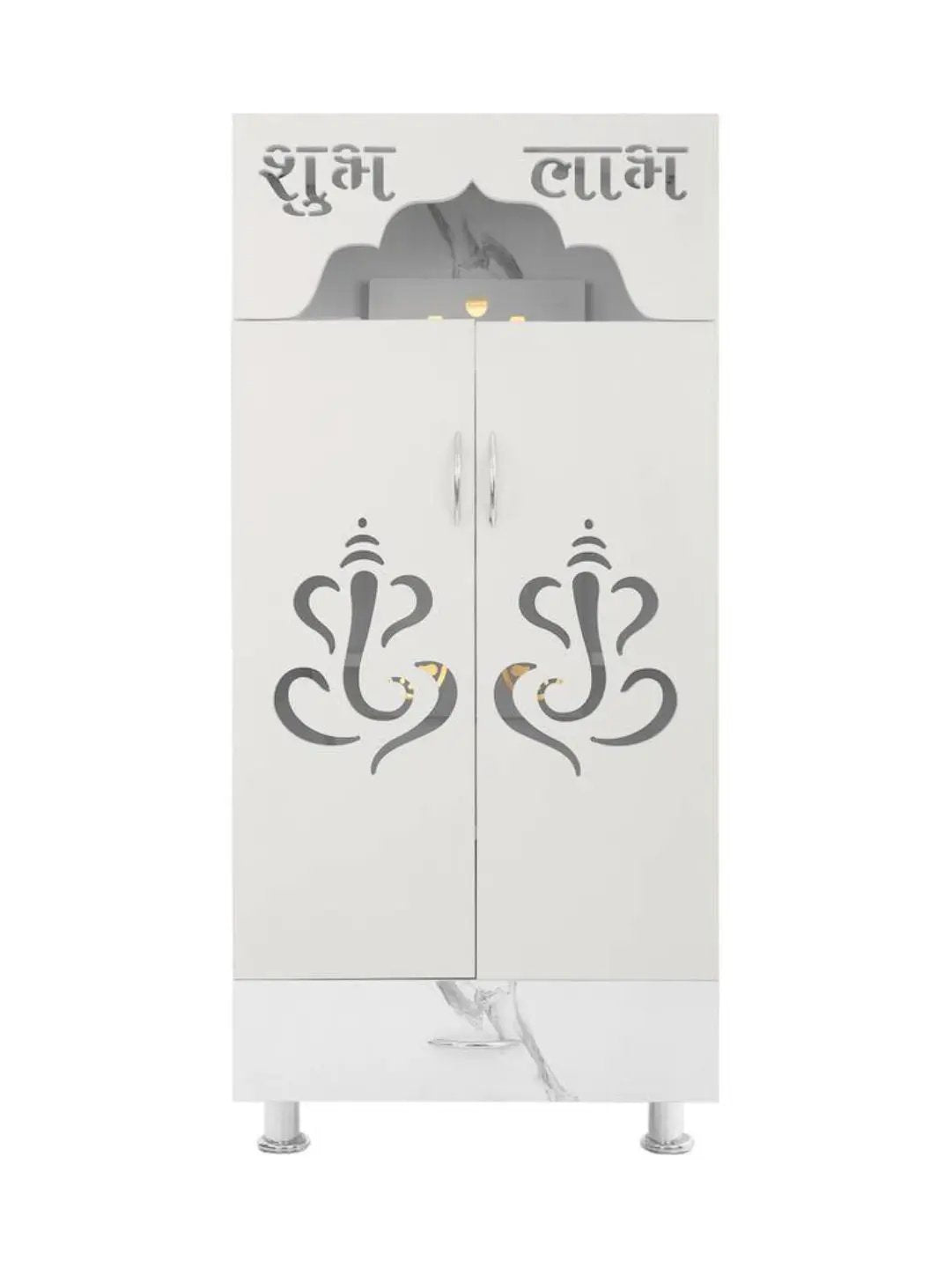 Marble Finish Wooden Mandir with Shubh Labh Carving & LED Light (60×34×130 CM) The Mandir Company