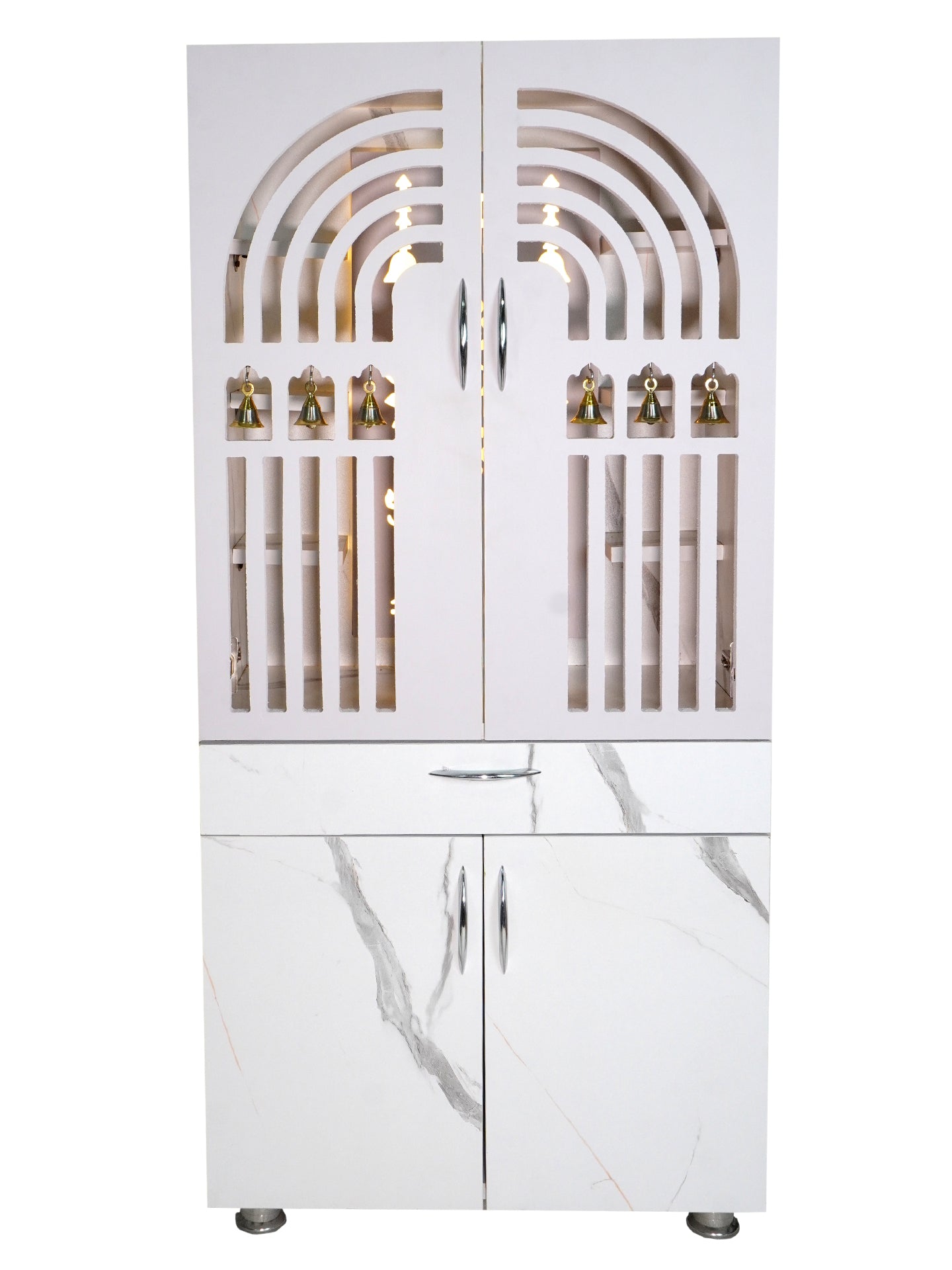 Modern Wooden Mandir for Home with LED Om Panel & Hanging Bells | Designer White Pooja Cabinet with Storage Drawer