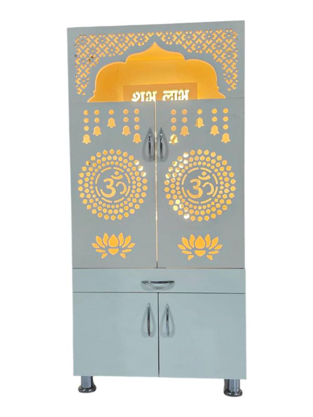 Designer Wooden Pooja Mandir with LED Backlight & “Om” Engraving
