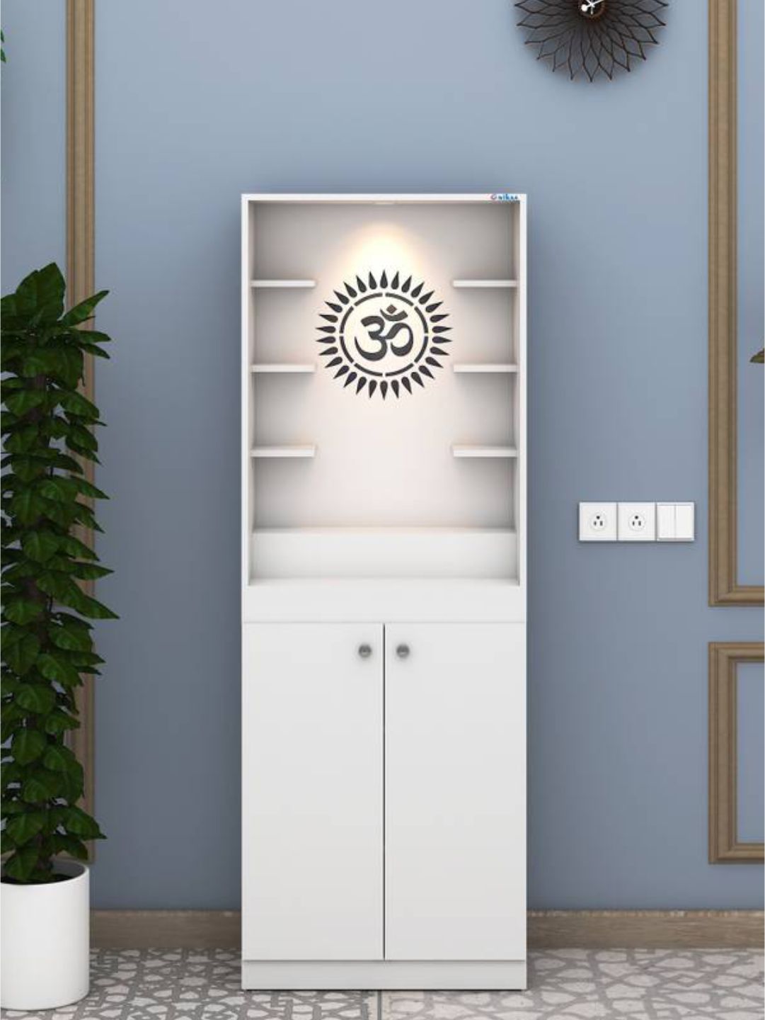 Modern Wooden Pooja Mandir with LED Light & Storage Cabinet