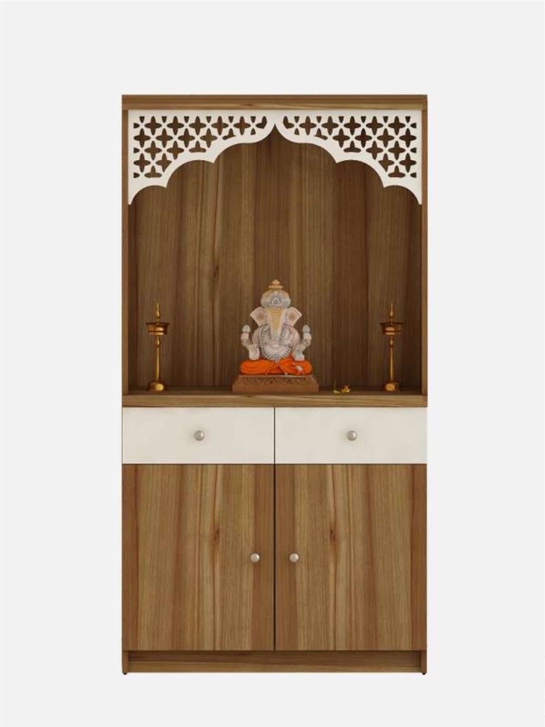 Wooden Pooja Mandir with Carved Arch and Storage