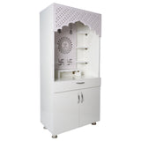 Modern White Wooden Mandir with LED Light – 130x60x34 cm | Home Temple with Storage Drawer & Shelves