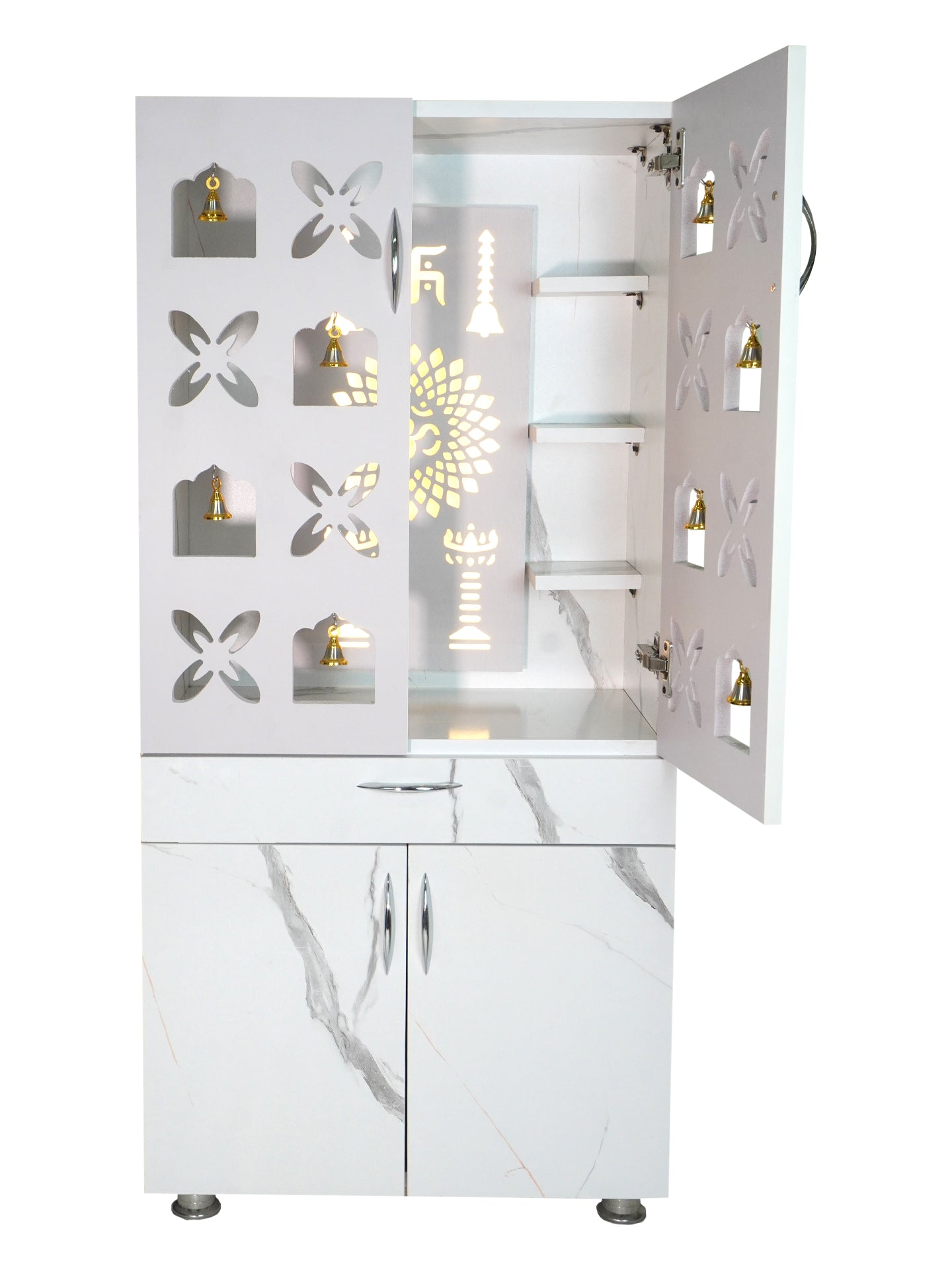 Premium Wooden Mandir for Home with LED Om Swastik Panel & Designer Bell Doors | Modern White Pooja Cabinet with Storage