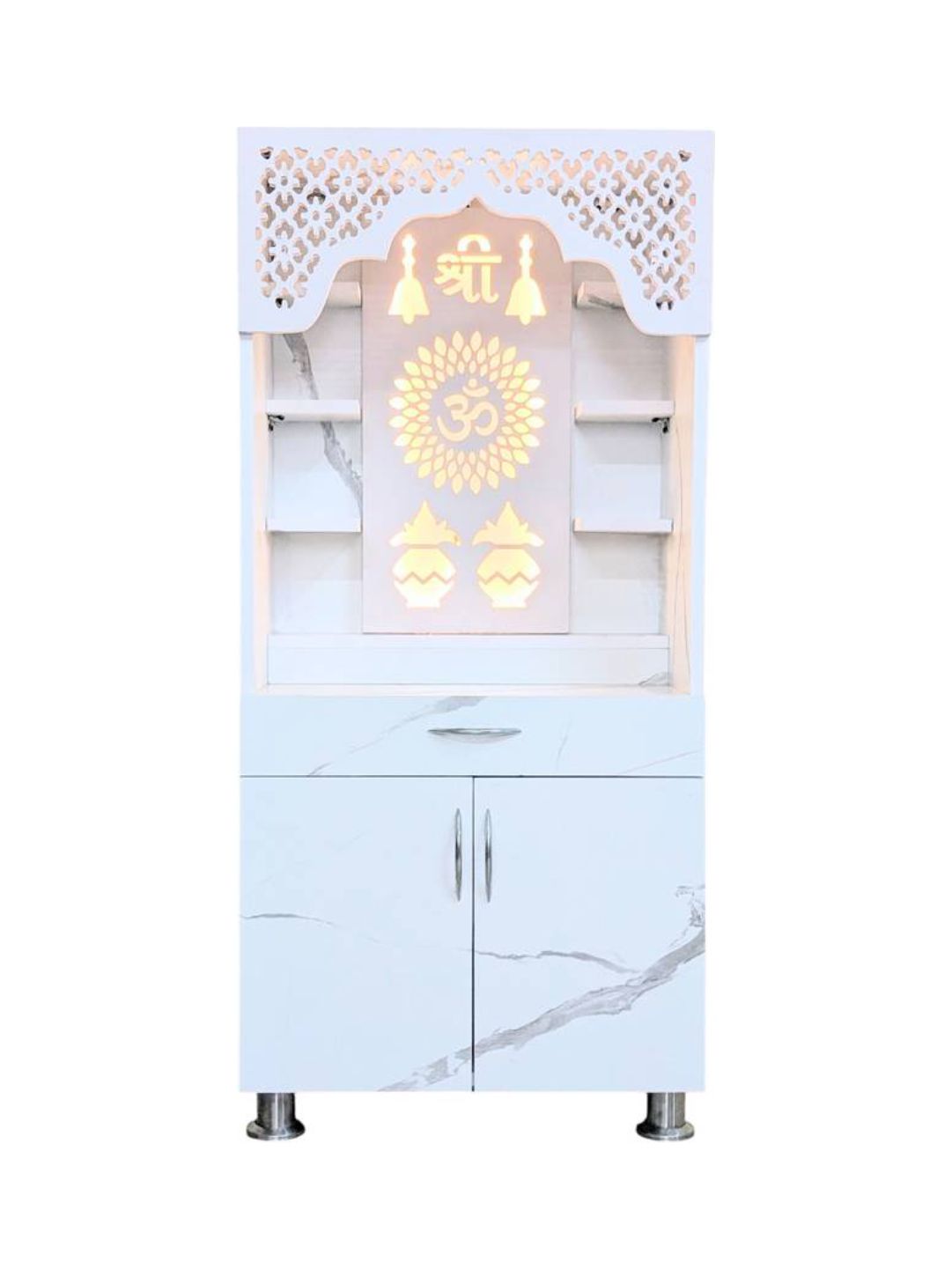 Modern White Pooja Mandir With LED Backlight and Storage