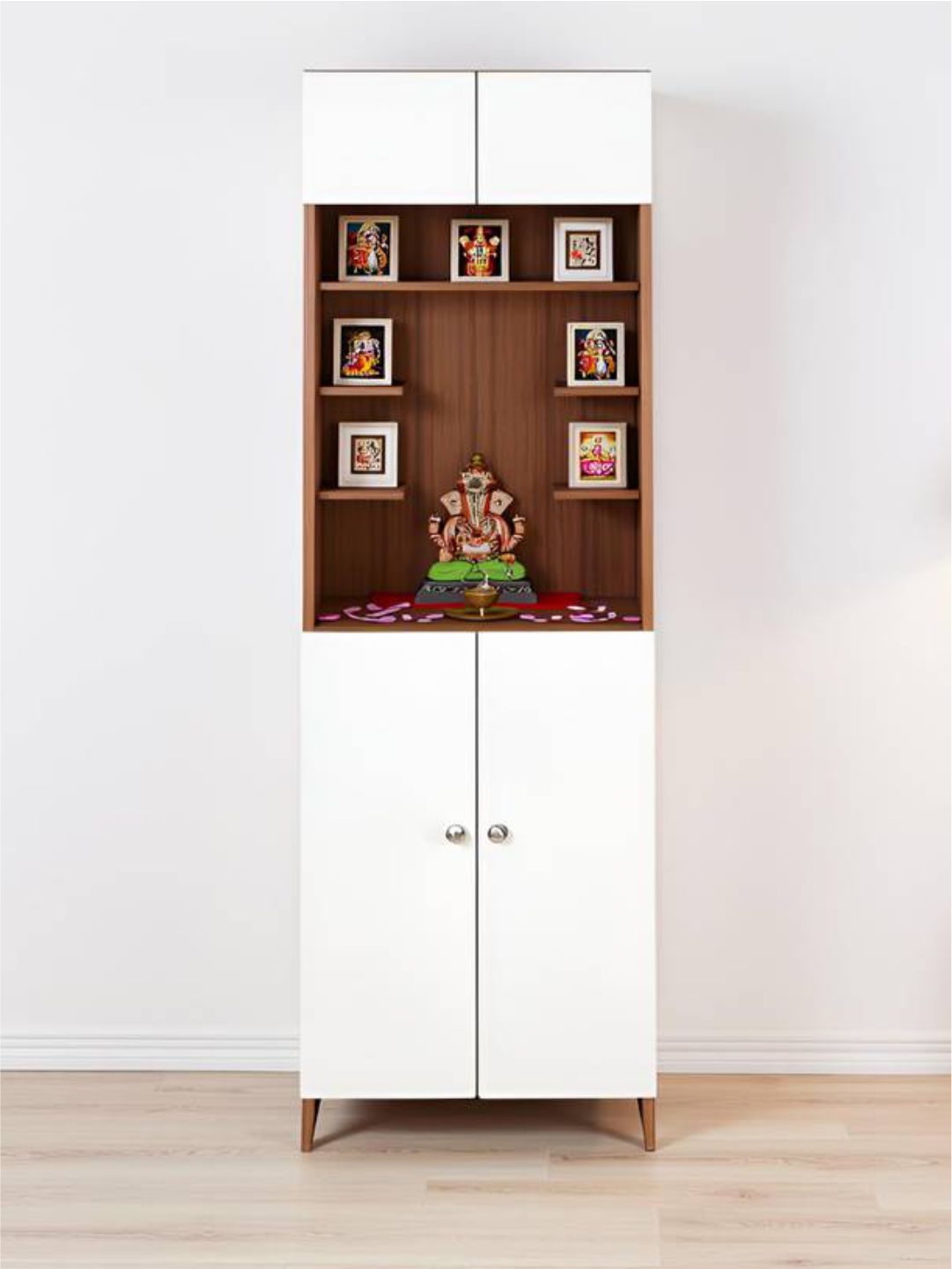 Wood and White Finish Pooja Mandir with Storage