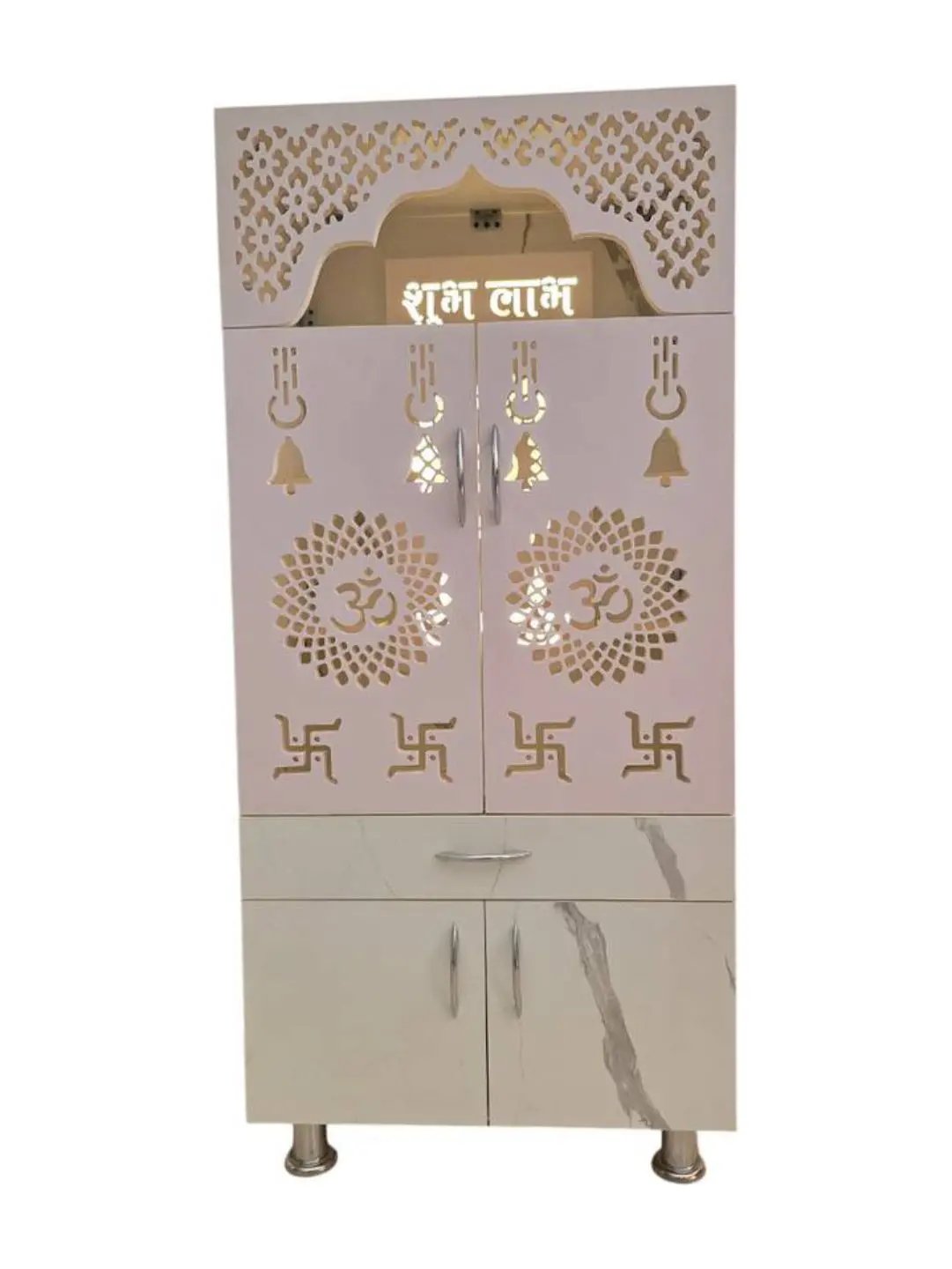 Marble Finish Wooden Mandir with LED Light & Storage – Modern Pooja Mandir for Home (60x35x130 CM) The Mandir Company