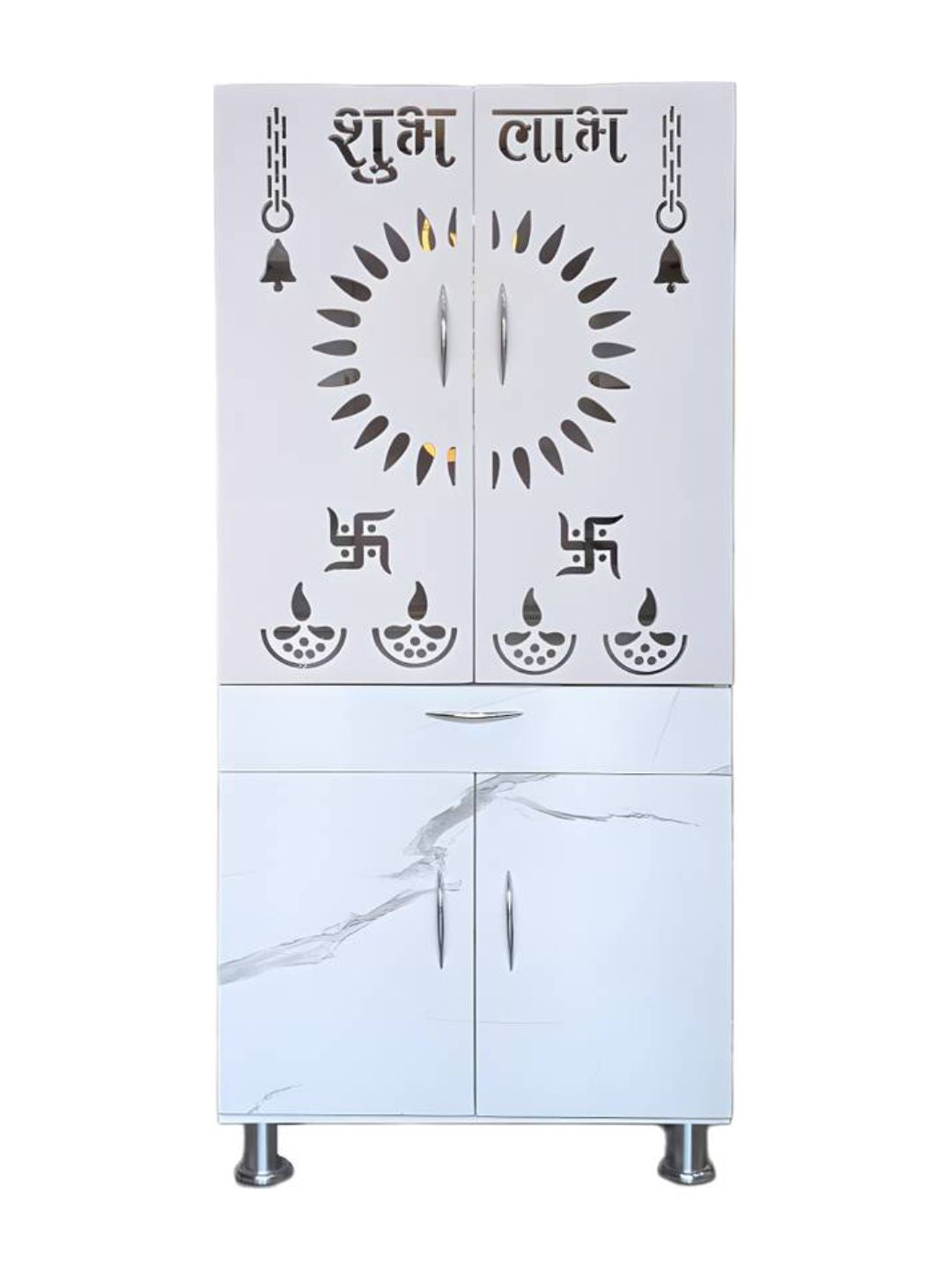White Marble-Finish Pooja Mandir with Decorative Cut-Work Doors