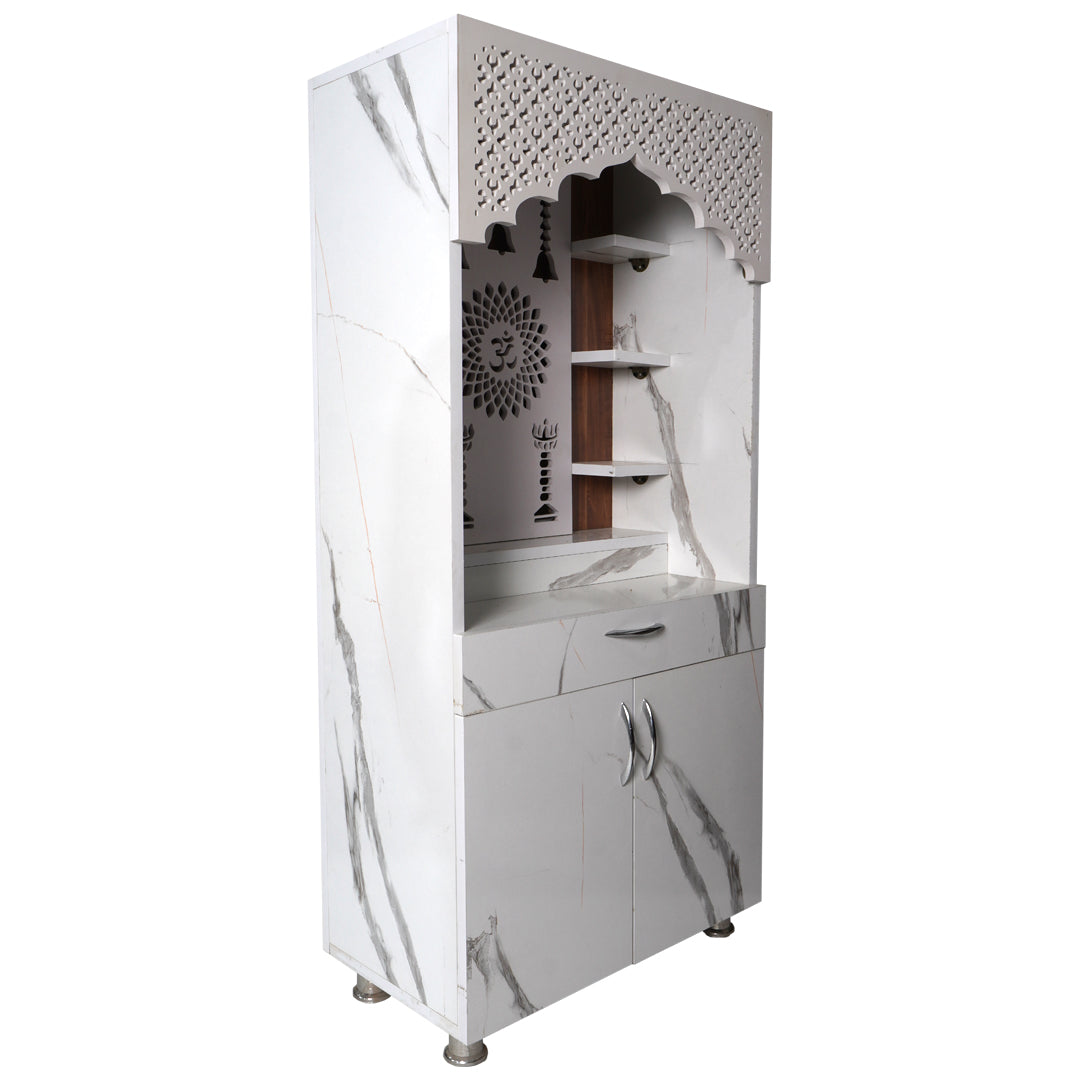 Designer LED Mandir for Home – White Marble Finish Temple with Om & Diya Pillar Design (130x60x34 cm)