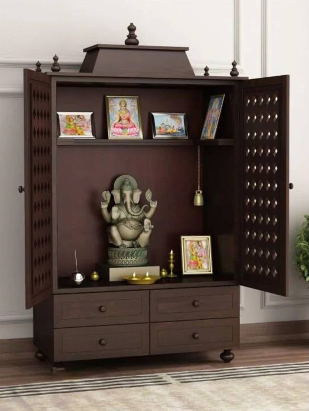 Wooden Pooja Mandir with Carved Doors and Storage
