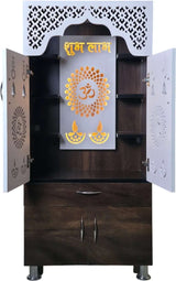 Designer Wooden Mandir with LED Light – White, Brown & Black Temple for Home with Storage Unit (130 cm Height)