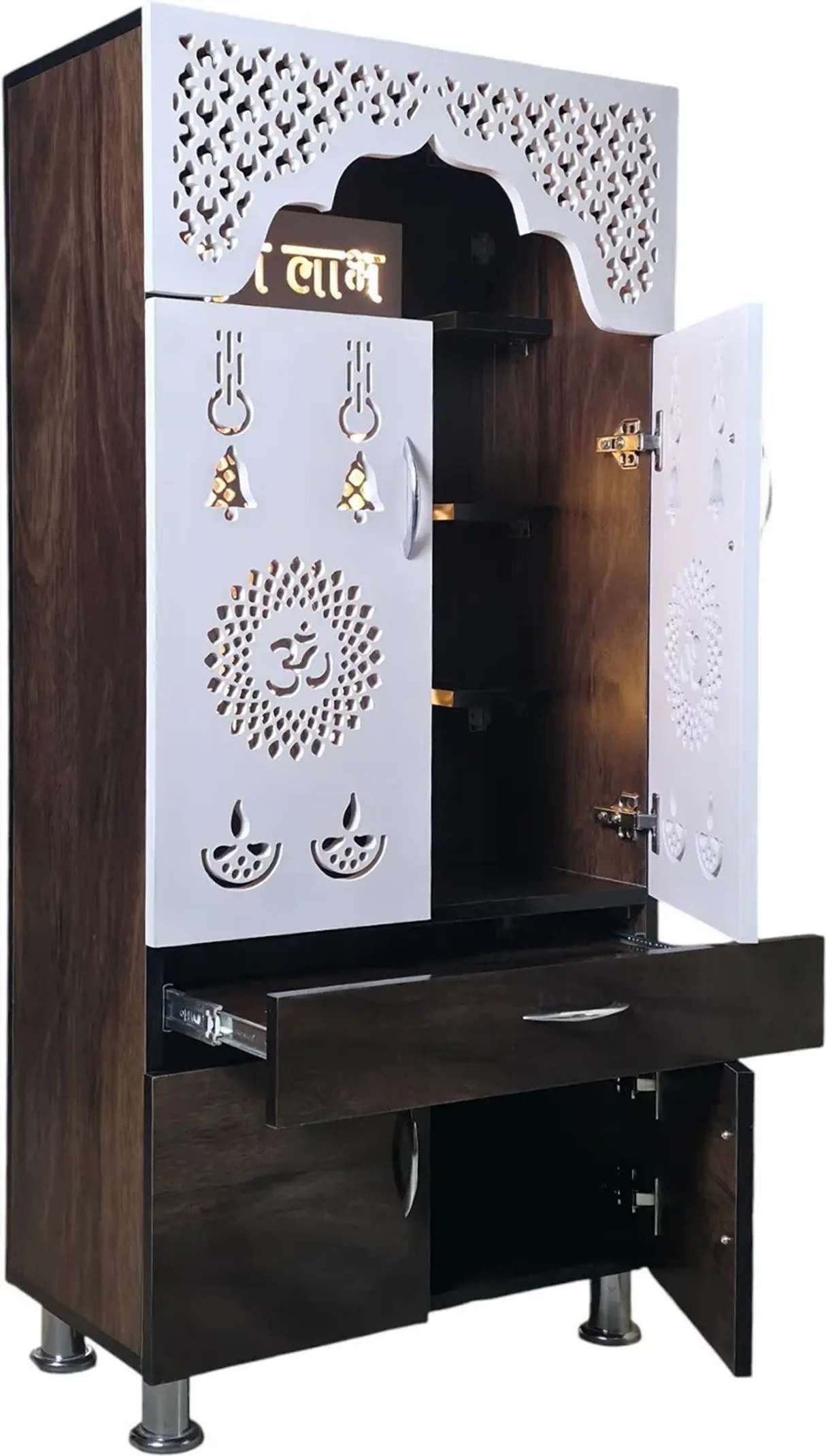 Designer Wooden Mandir with LED Light – White, Brown & Black Temple for Home with Storage Unit (130 cm Height)