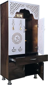 Designer Wooden Mandir with LED Light – White, Brown & Black Temple for Home with Storage Unit (130 cm Height)