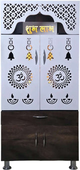 Designer Wooden Mandir with LED Light – White, Brown & Black Temple for Home with Storage Unit (130 cm Height)