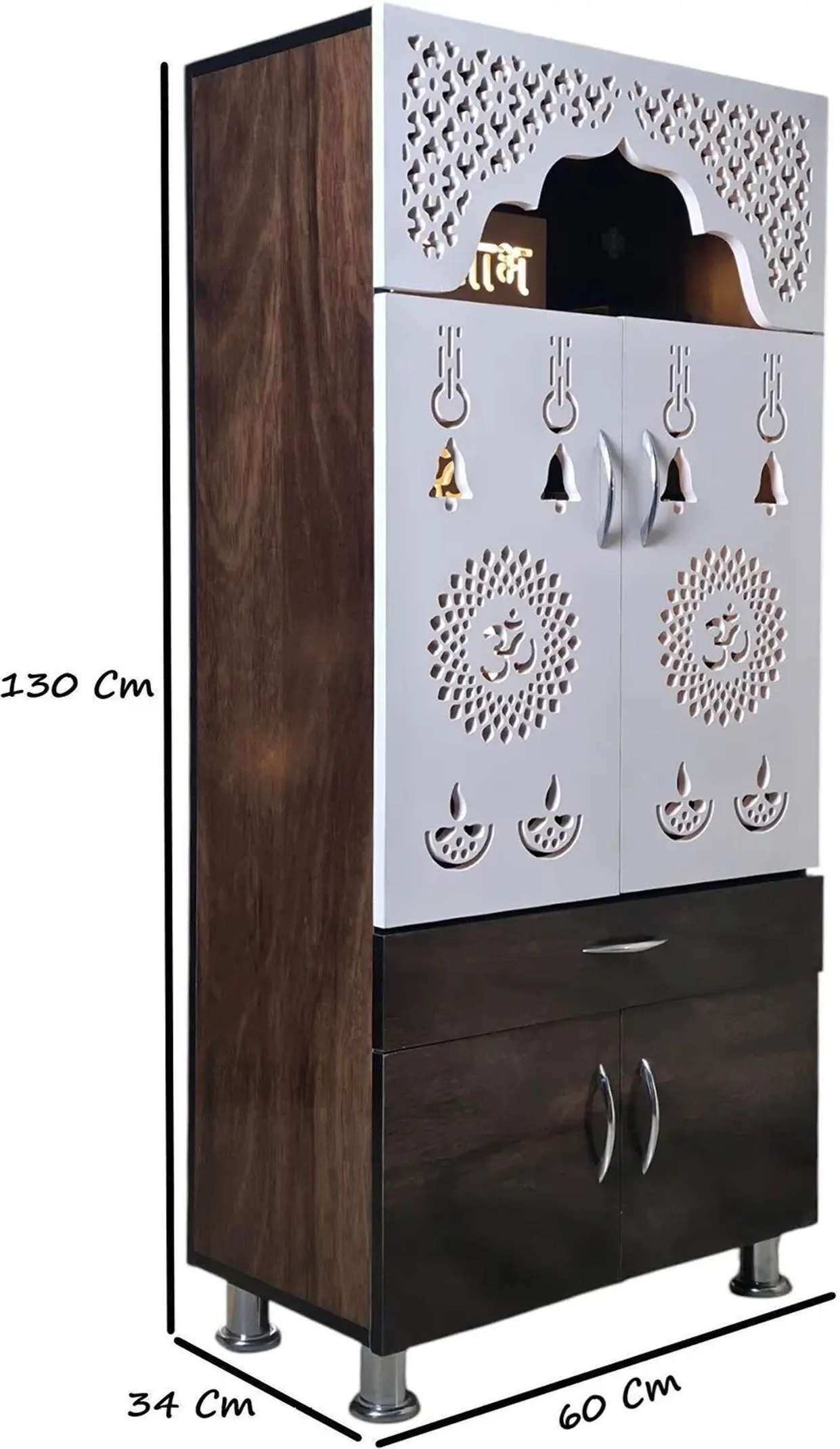 Designer Wooden Mandir with LED Light – White, Brown & Black Temple for Home with Storage Unit (130 cm Height)