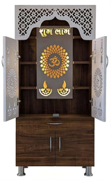 Designer Wooden Mandir with LED Light – White, Brown & Black Temple for Home with Storage Unit (130 cm Height)