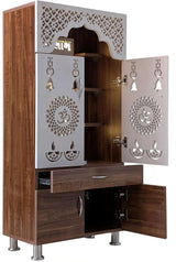 Designer Wooden Mandir with LED Light – White, Brown & Black Temple for Home with Storage Unit (130 cm Height)