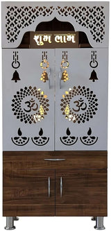 Designer Wooden Mandir with LED Light – White, Brown & Black Temple for Home with Storage Unit (130 cm Height)