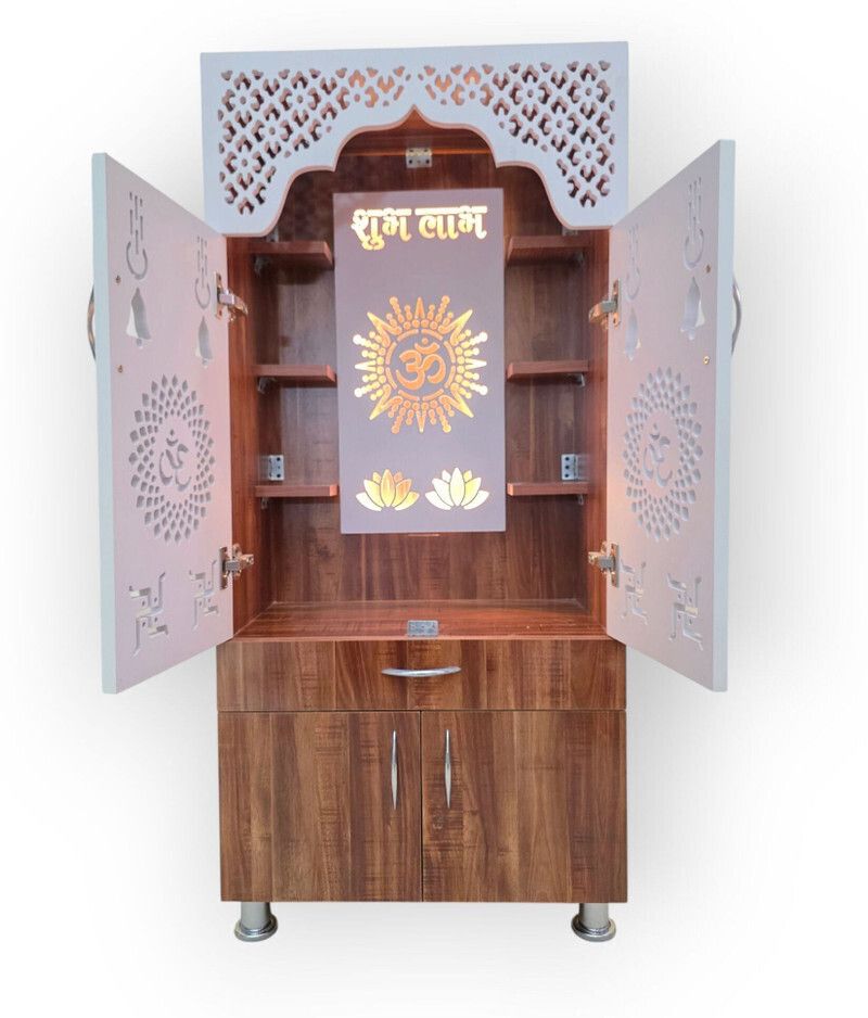 LED Wooden Temple For Home with Doors & Storage Cabinet | White & Brown Home Temple Unit (130x60x34 cm)