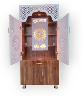 LED Wooden Temple For Home with Doors & Storage Cabinet | White & Brown Home Temple Unit (130x60x34 cm)