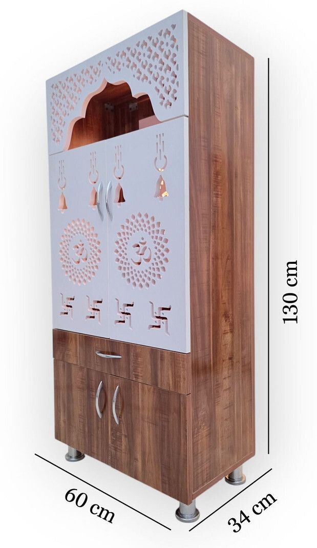 LED Wooden Temple For Home with Doors & Storage Cabinet | White & Brown Home Temple Unit (130x60x34 cm)