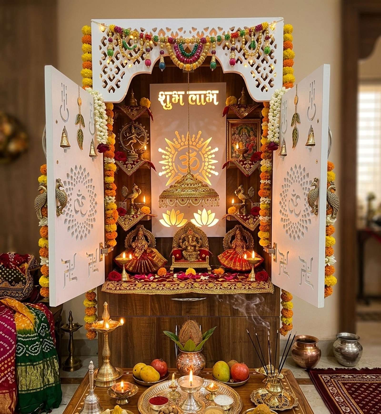 LED Wooden Temple For Home with Doors & Storage Cabinet | White & Brown Home Temple Unit (130x60x34 cm)