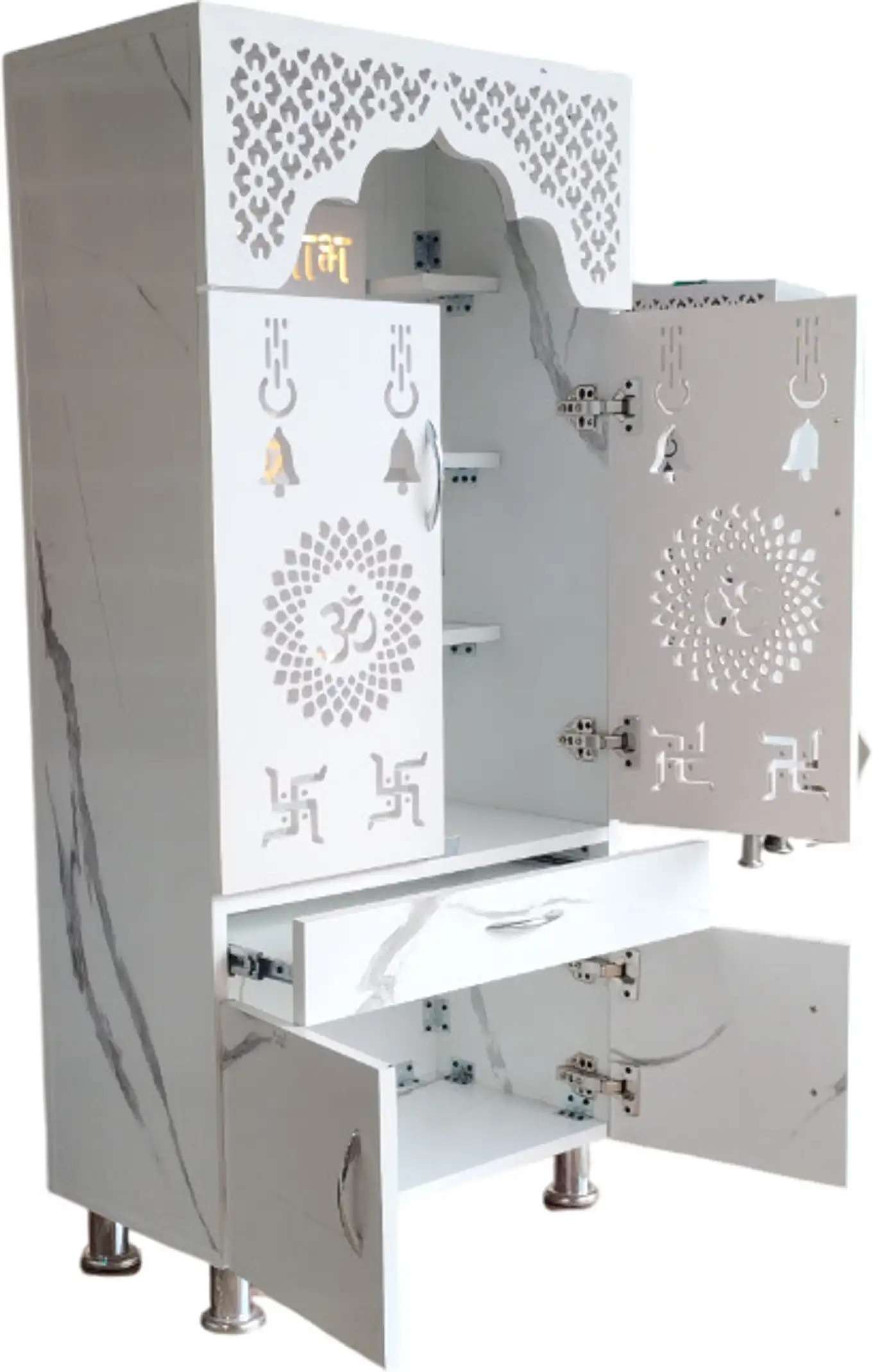 LED Wooden Temple For Home with Doors & Storage Cabinet | White & Brown Home Temple Unit (130x60x34 cm)