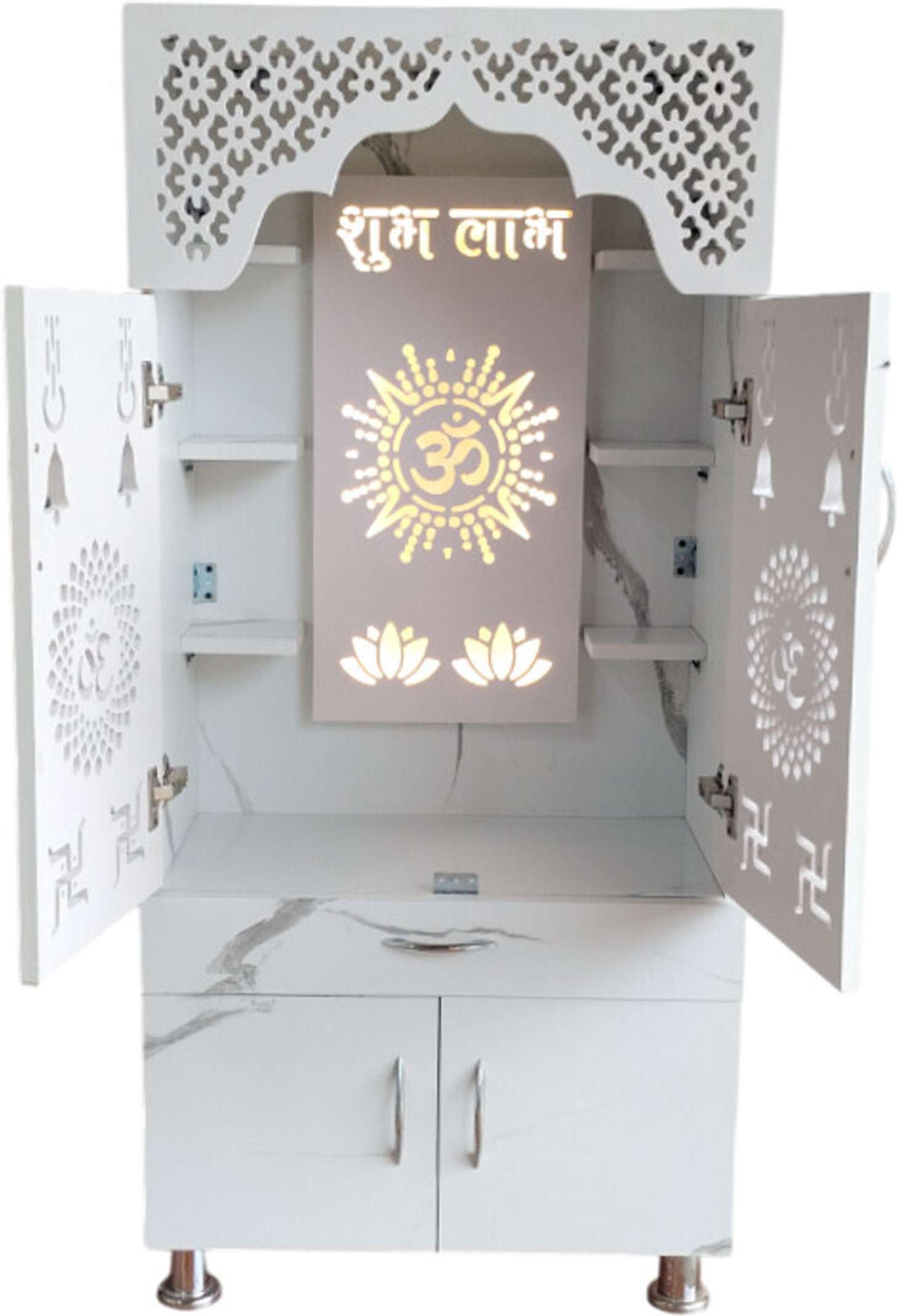 LED Wooden Temple For Home with Doors & Storage Cabinet | White & Brown Home Temple Unit (130x60x34 cm)