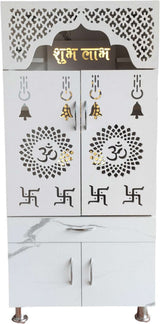 LED Wooden Temple For Home with Doors & Storage Cabinet | White & Brown Home Temple Unit (130x60x34 cm)