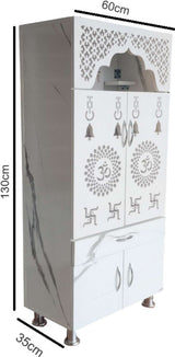 LED Wooden Temple For Home with Doors & Storage Cabinet | White & Brown Home Temple Unit (130x60x34 cm)