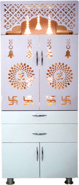 Wooden Home Mandir with LED Light & Storage Drawers – White, Brown & Black Temple Unit (145x60x34 cm) Modern Pooja Cabinet