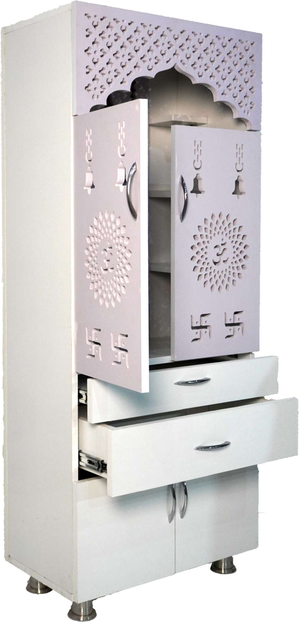 Wooden Home Mandir with LED Light & Storage Drawers – White, Brown & Black Temple Unit (145x60x34 cm) Modern Pooja Cabinet