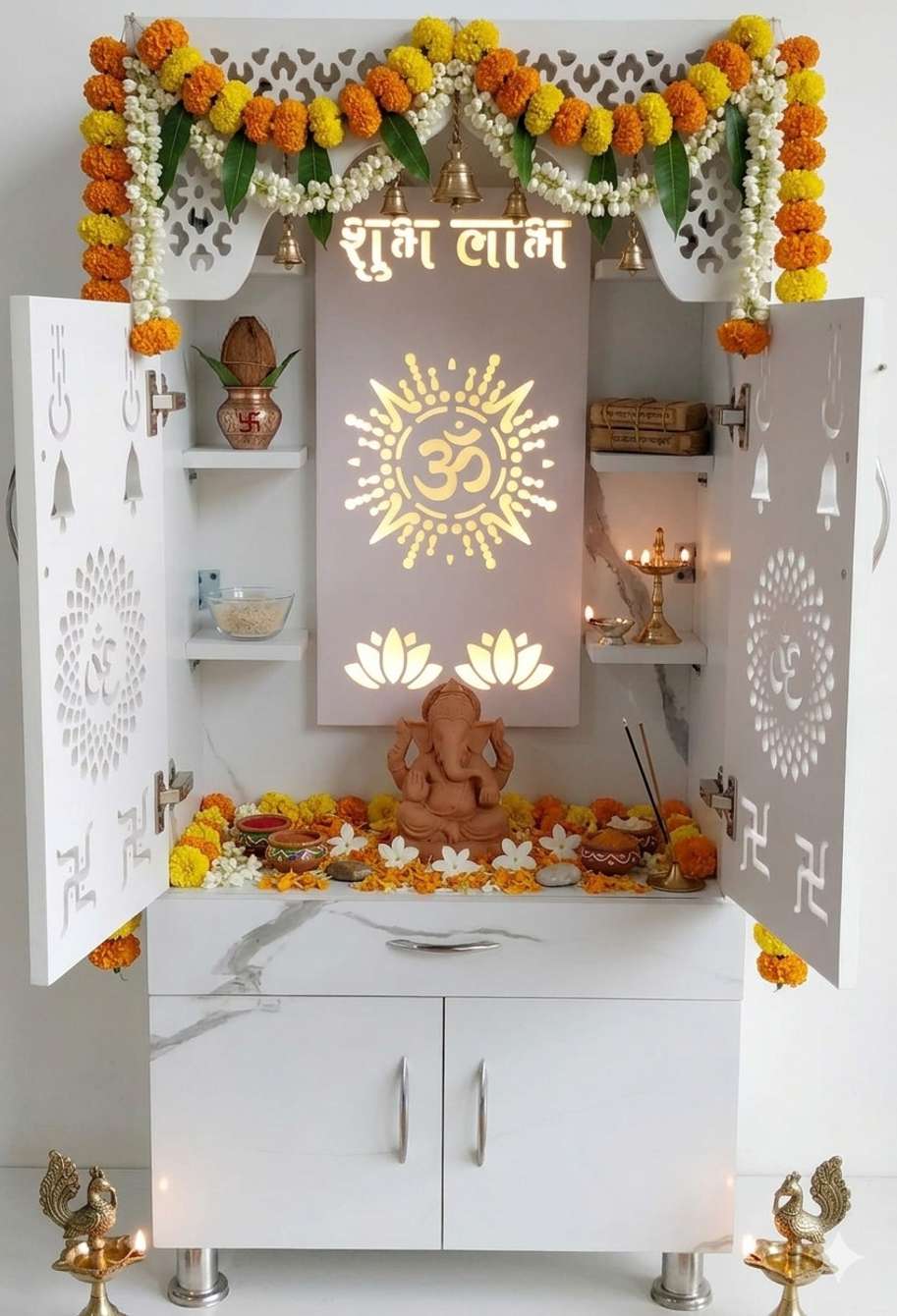 LED Wooden Temple For Home with Doors & Storage Cabinet | White & Brown Home Temple Unit (130x60x34 cm)