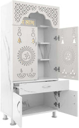 Designer Wooden Mandir with LED Light – White, Brown & Black Temple for Home with Storage Unit (130 cm Height)