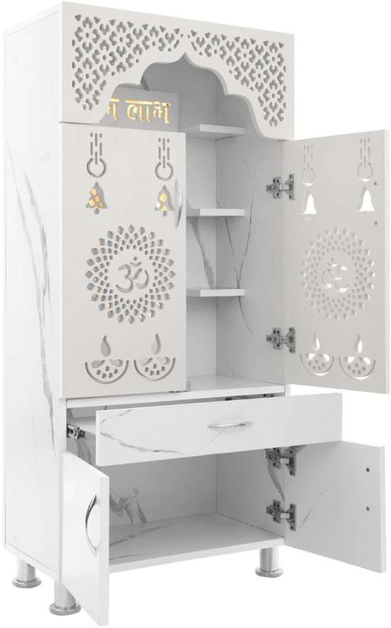 Designer Wooden Mandir with LED Light – White, Brown & Black Temple for Home with Storage Unit (130 cm Height)