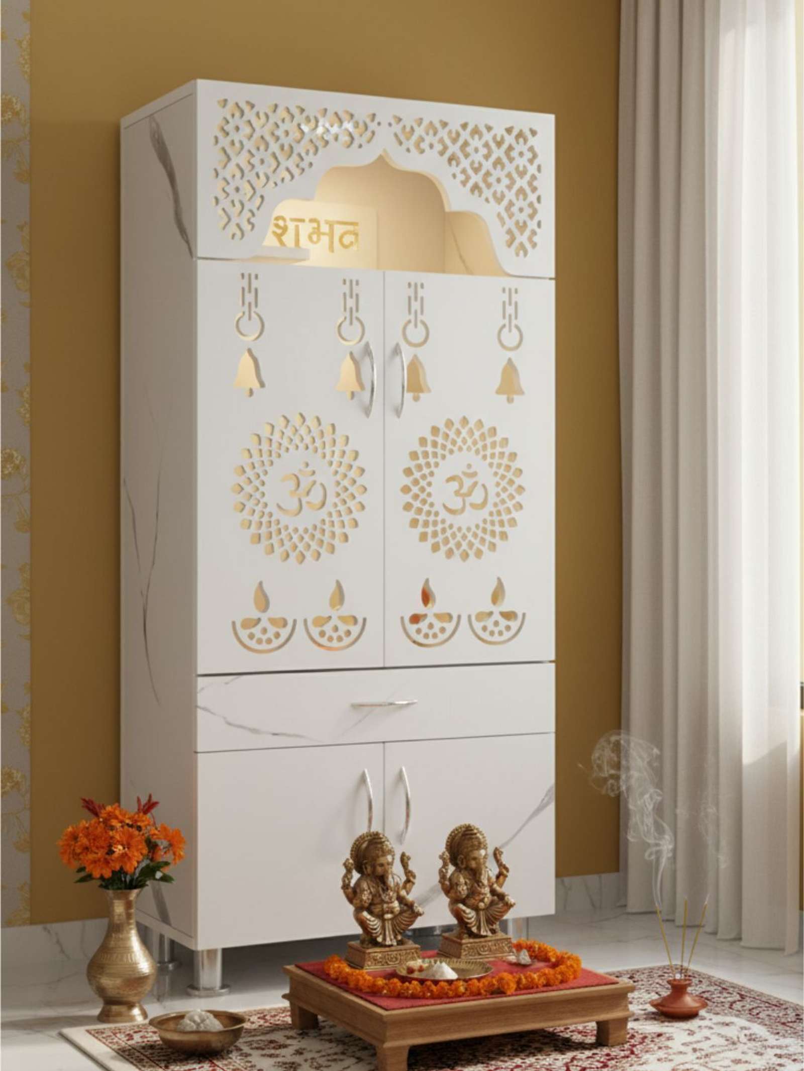 Designer Wooden Mandir with LED Light – White, Brown & Black Temple for Home with Storage Unit (130 cm Height)