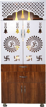 Wooden Home Mandir with LED Light & Storage Drawers – White, Brown & Black Temple Unit (145x60x34 cm) Modern Pooja Cabinet