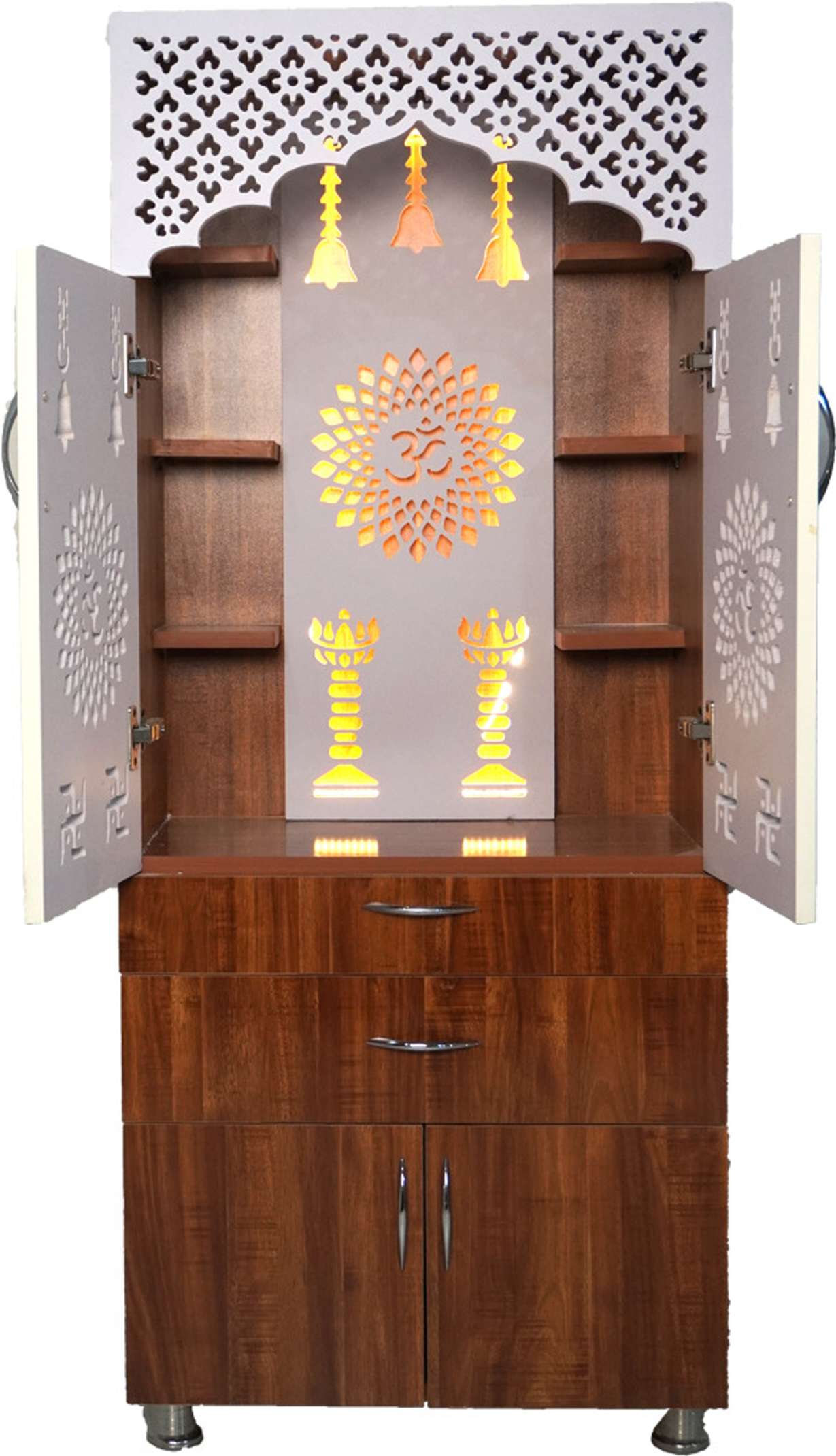 Wooden Home Mandir with LED Light & Storage Drawers – White, Brown & Black Temple Unit (145x60x34 cm) Modern Pooja Cabinet