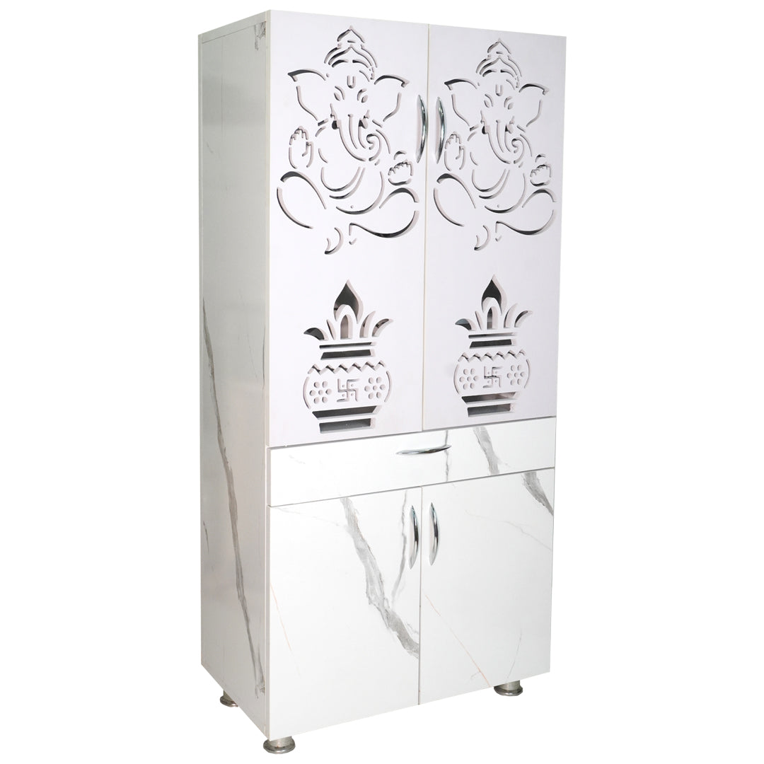 Wooden Mandir for Home with LED Shree Om Design & Storage | Modern White Pooja Cabinet with Ganesh Door