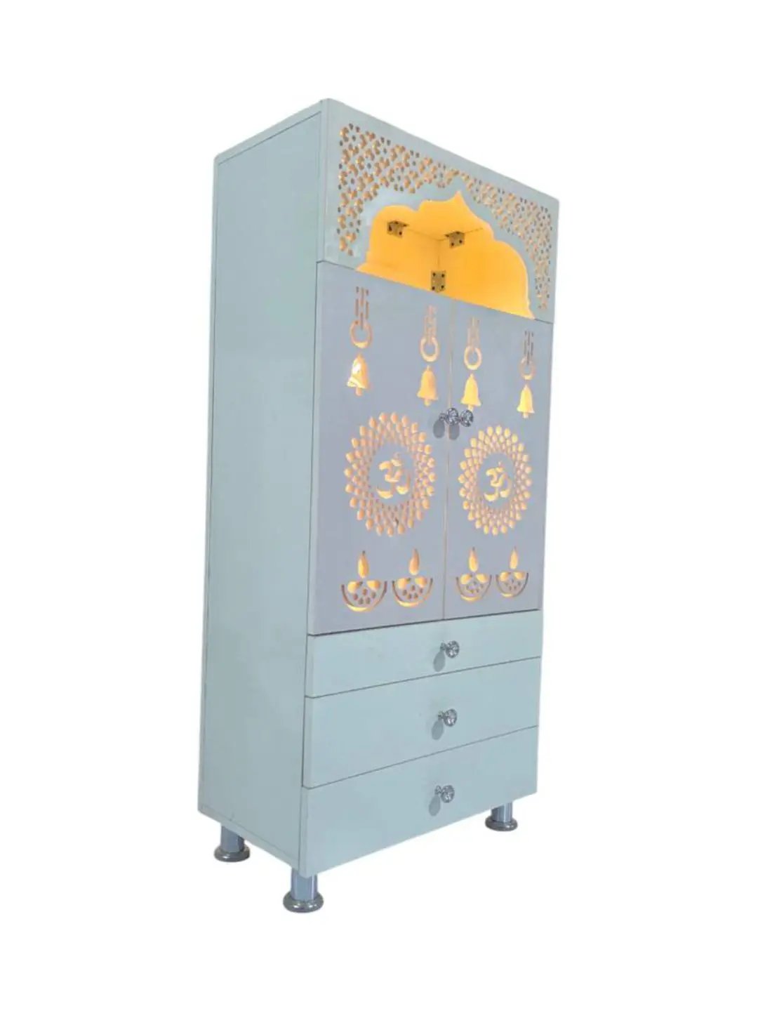 Modern White Wooden Mandir with LED Backlight & 3 Storage Drawers