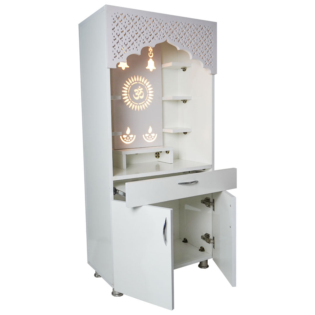 White Wooden Temple for Home with LED Om Design | Modern Pooja Mandir with Storage | 130x60x34 cm | The Mandir Company