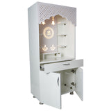 White Wooden Temple for Home with LED Om Design | Modern Pooja Mandir with Storage | 130x60x34 cm | The Mandir Company