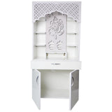 White Wooden Temple for Home with LED Ganesha Design | Modern Pooja Mandir with Storage | 130x60x34 cm | The Mandir Company