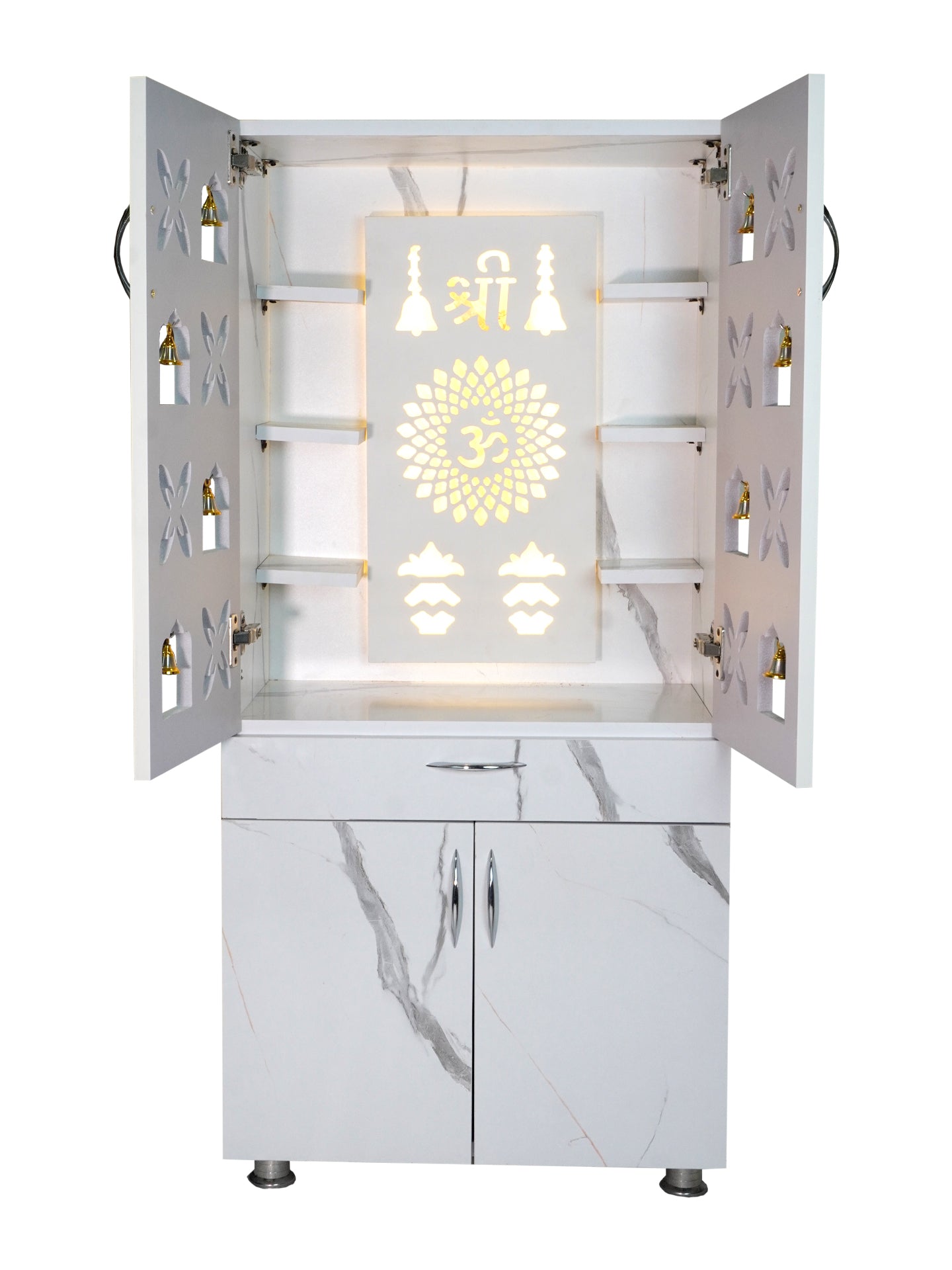 Luxury Wooden Mandir for Home with LED Shree Om Panel & Designer Bell Doors | Modern White Pooja Cabinet with Storage