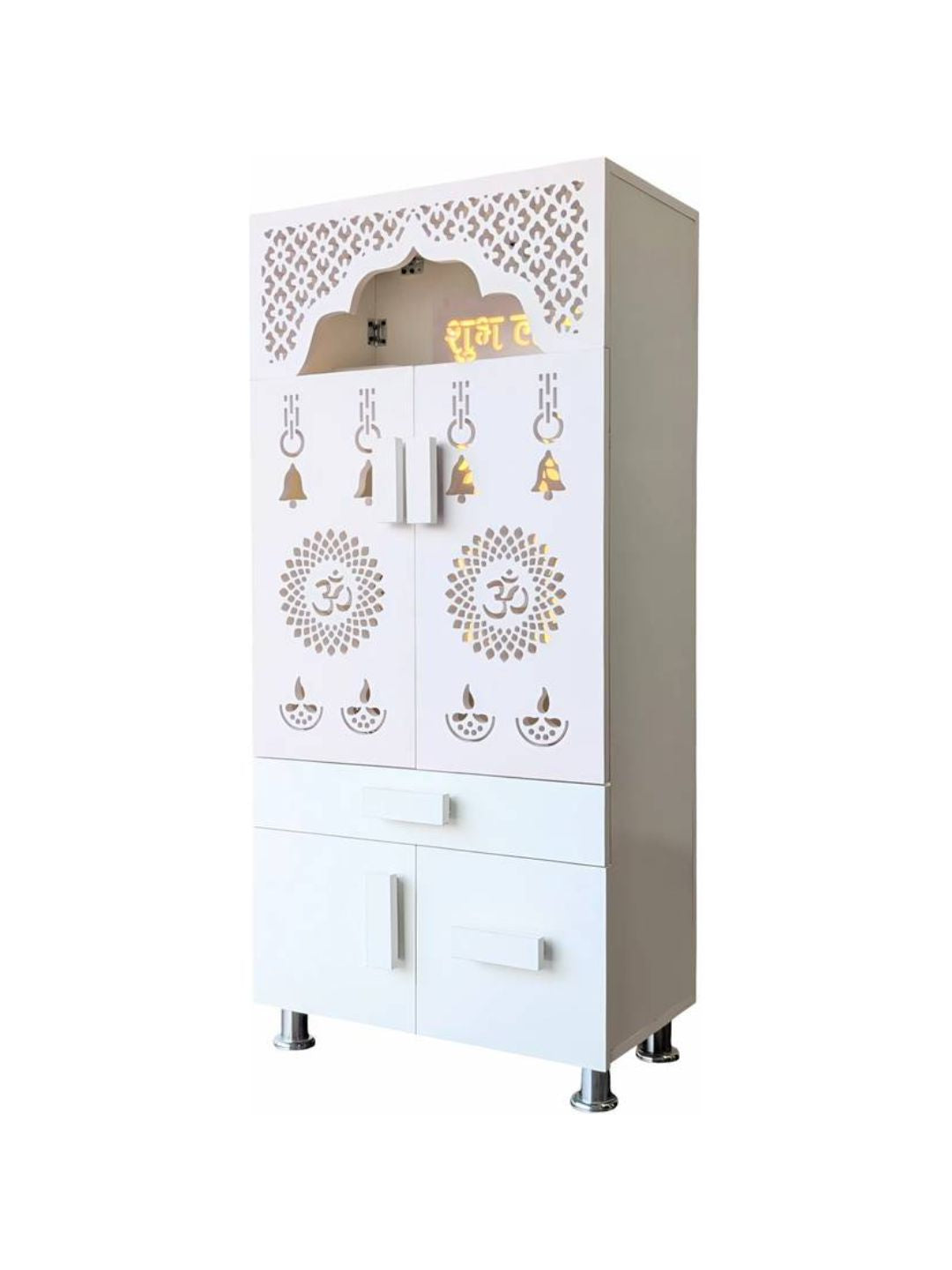 Premium White Wooden Pooja Mandir with Storage & LED Cutwork Design