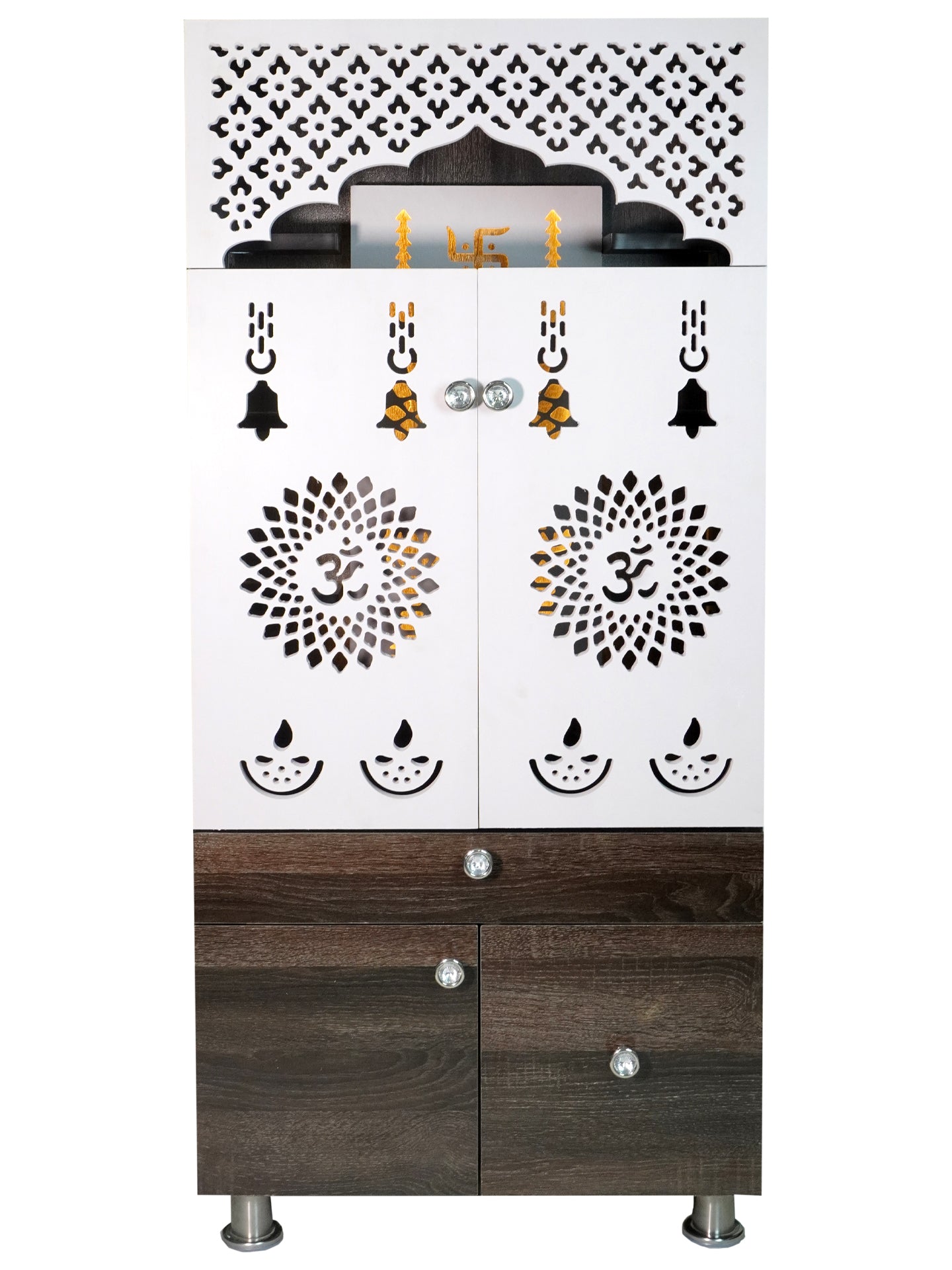 Wooden Pooja Mandir for Home with LED Light & Storage | Modern Temple Cabinet with Drawer & Shelves