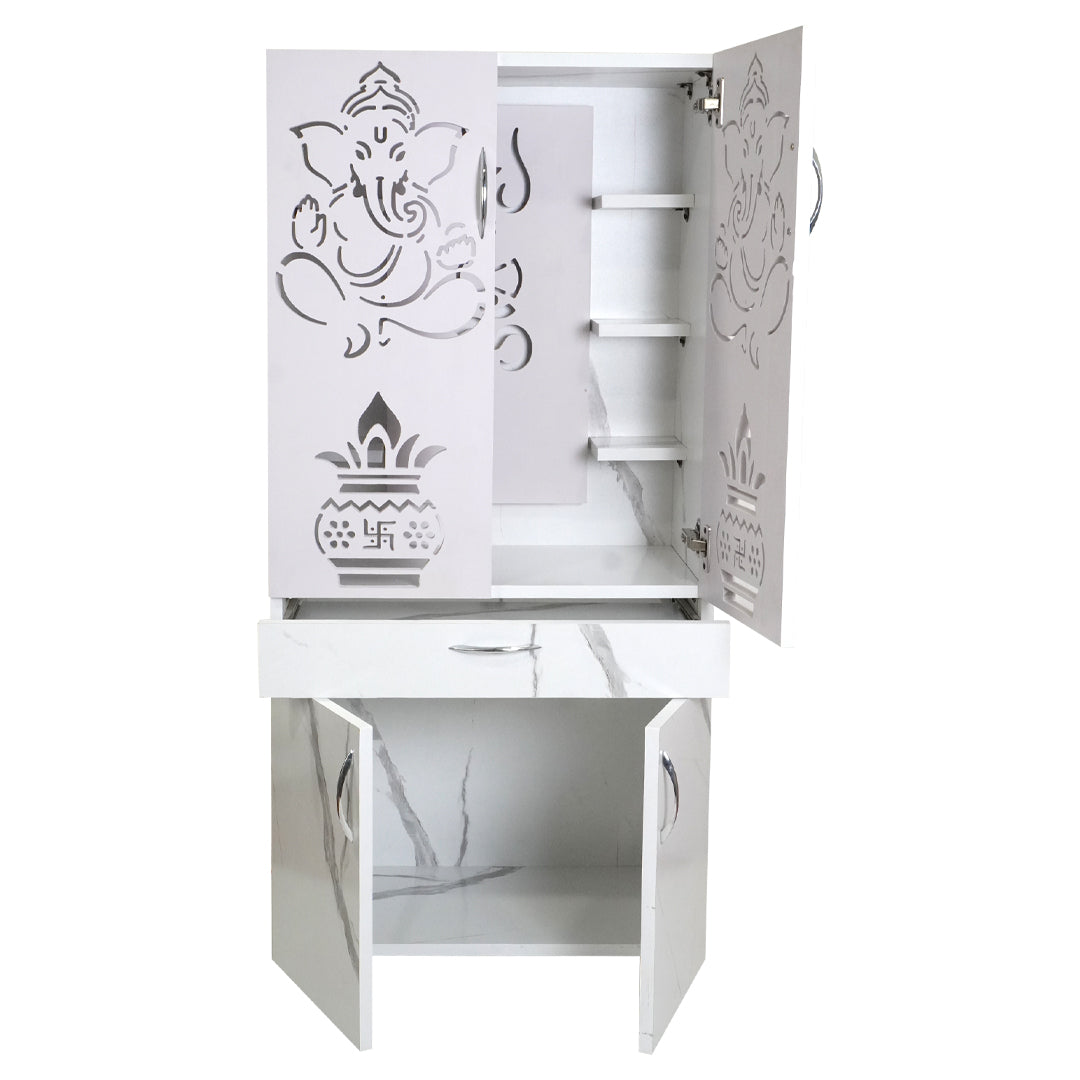 Wooden Mandir for Home with LED Trishul Om Design & Storage | Modern White Pooja Cabinet with Drawer