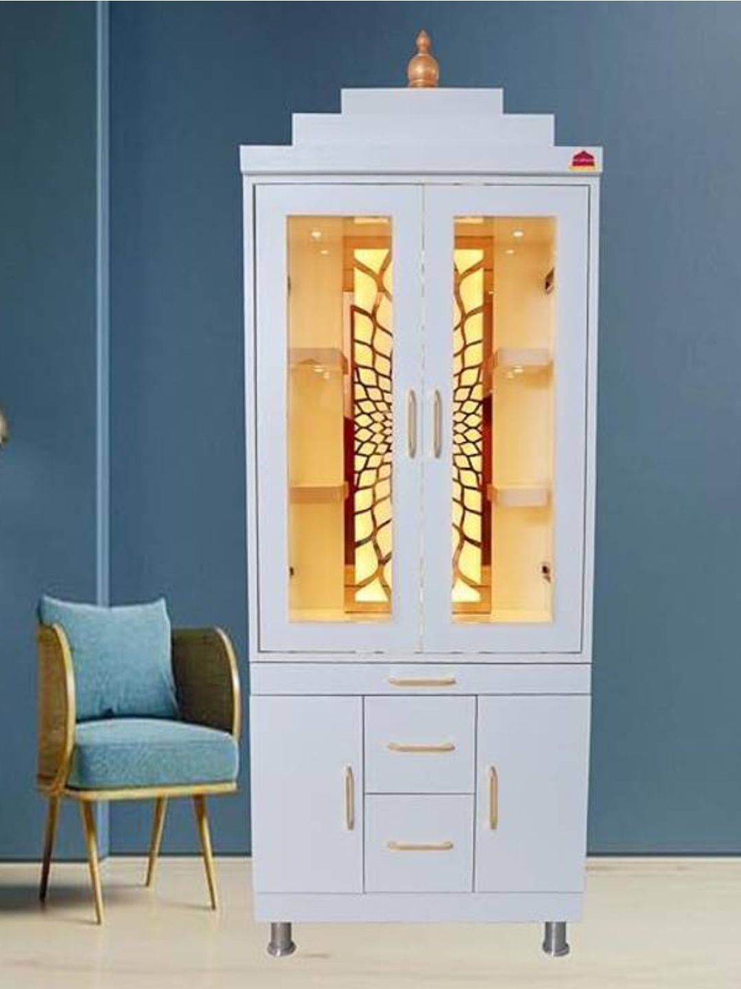 White Wooden Pooja Mandir with Glass Doors and Storage